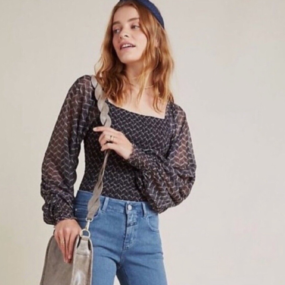 Anthropologie Rouen Smocked Sheer Long
Sleeve Blouse - NWT